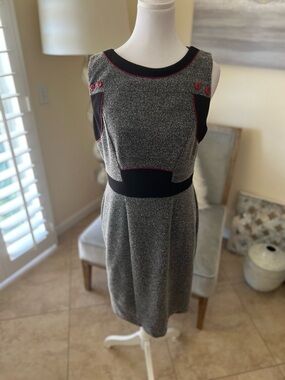 Italian Sleeveless Gray Tweed Mini Dress with Black Trim and Red Accents